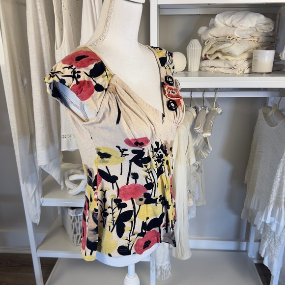 Baraschi women's sz. small fitted knit floral tan top soft girl, botanical #2258 - Picture 2 of 8